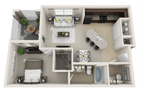 Floor plan for 1 bed, 1.5 baths, 852 sqft